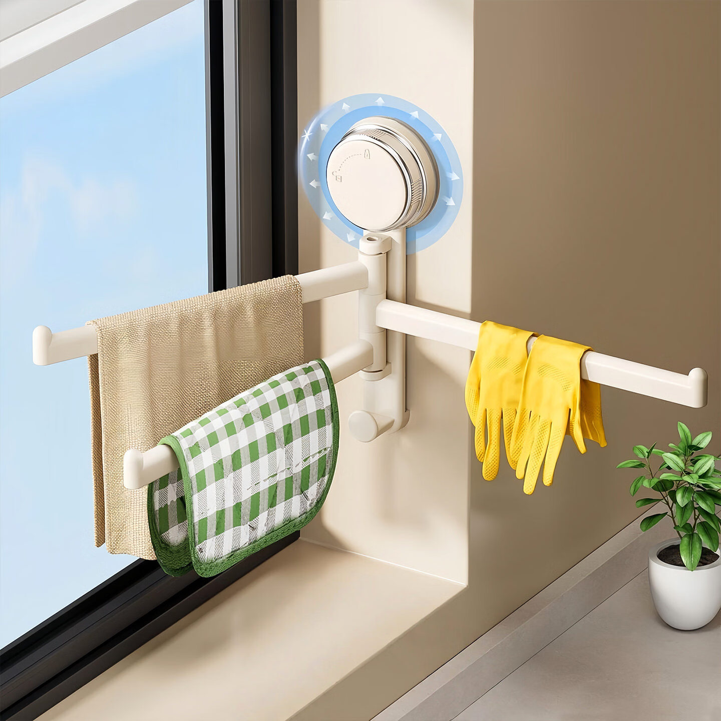 【优选直发】吸盘厨房抹布架洗碗槽窗台多杆可旋转沥水架置物架壁 奶油色吸盘抹布架【1个装】 1cm