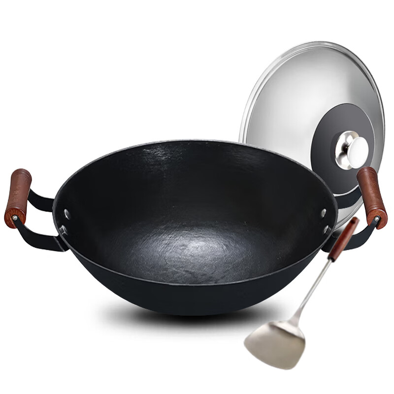 汉铸陆川铁锅龟纹生铁铸铁炒锅双耳不沾锅无涂层传统老式圆底燃气灶 龟纹双36cm有盖款（已开锅） 36cm