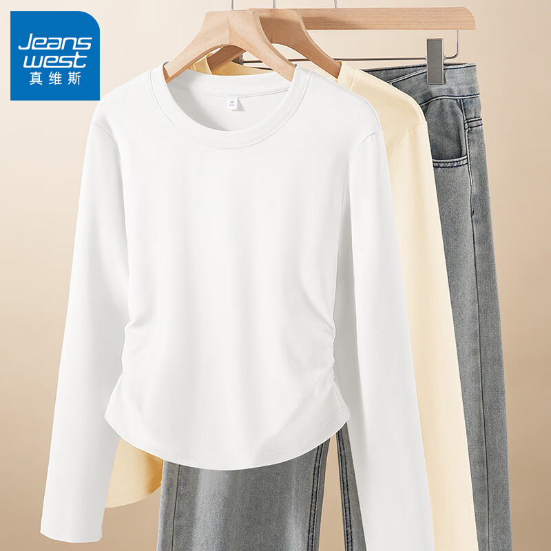 真维斯（Jeanswest）纯棉正肩白色褶皱修身收腰长袖t恤女2026早春减龄内搭打底衫上衣 白色 纯色 S
