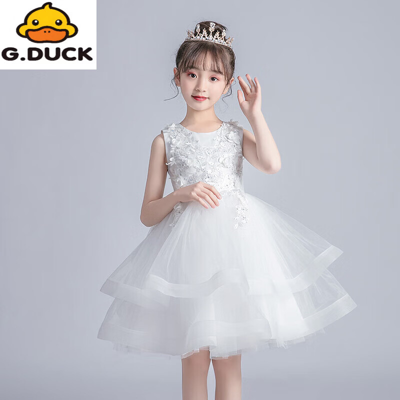 G.duck儿童礼服公主裙夏装花童生日走秀六一演出服蓬蓬沙蛋糕裙女连衣裙 白色 160 cm