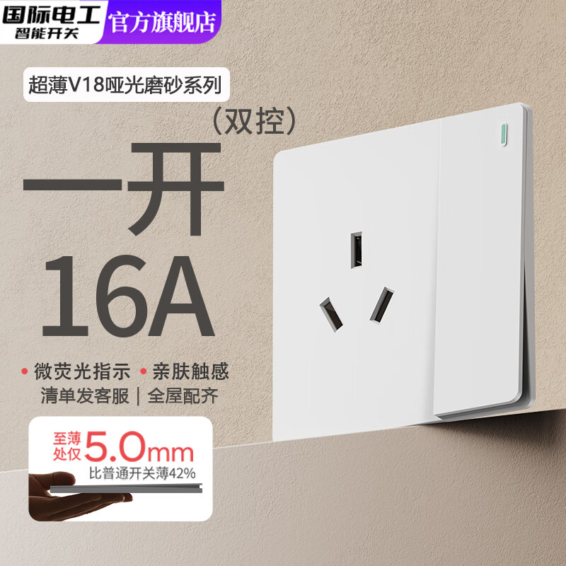 国际电工（FDD）86型超薄开关插座暗装家用一开五孔双控磨砂白色面板二开电源开关 一开16A双控-哑光白