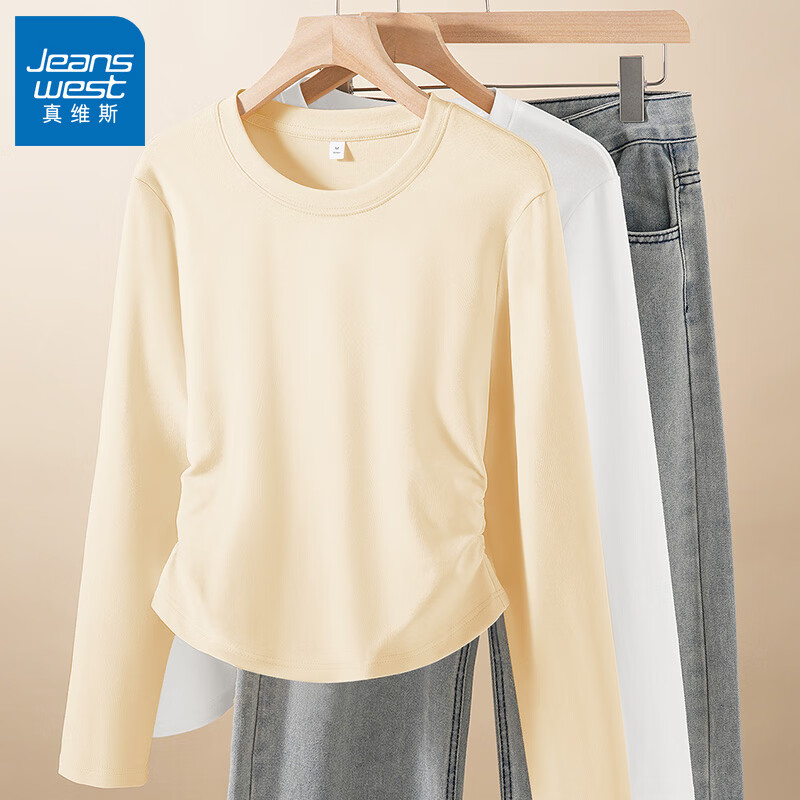 真维斯（Jeanswest）纯棉正肩白色褶皱修身收腰长袖t恤女2026早春减龄内搭打底衫上衣 杏色 纯色 S