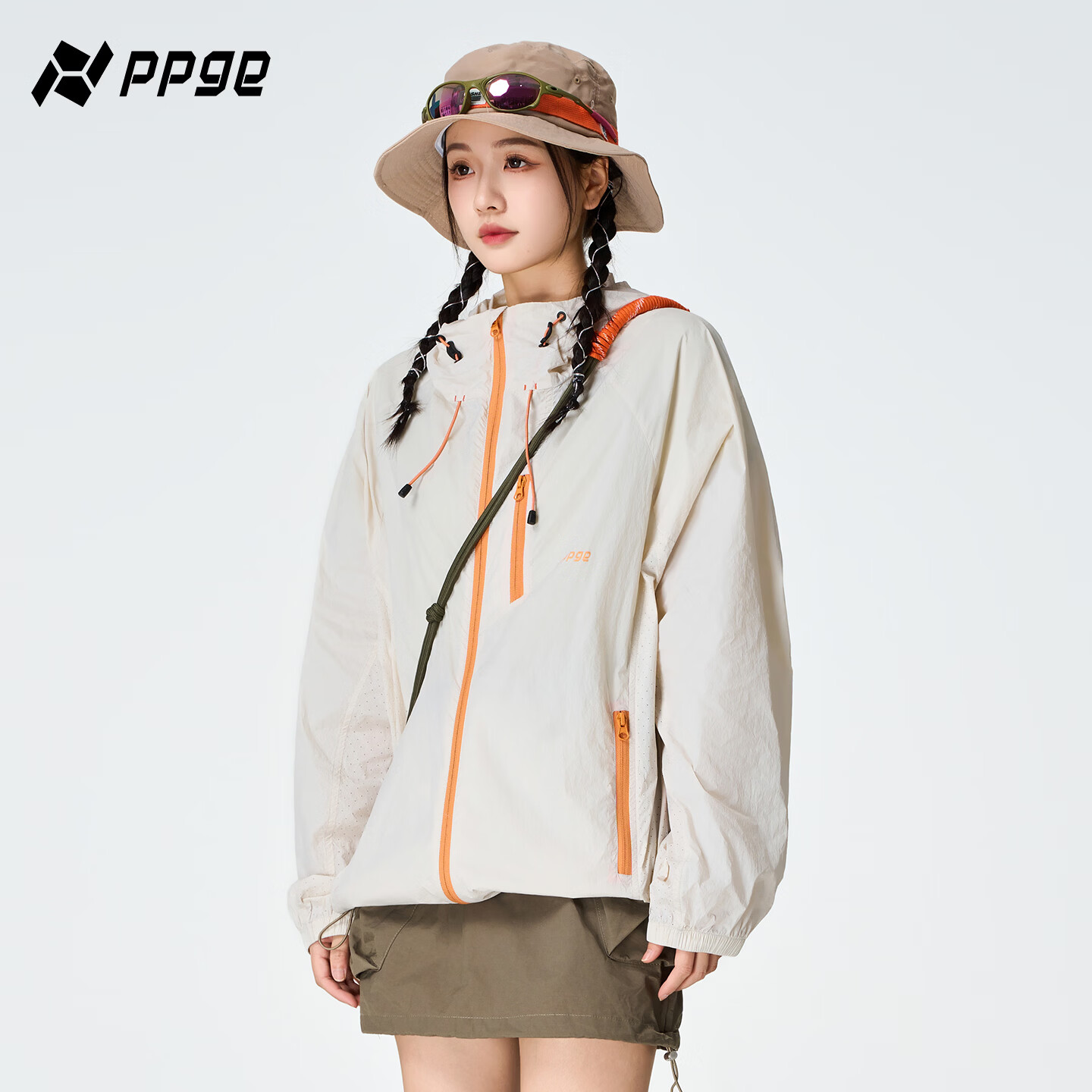 PPGE防晒衣UPF100+防紫外线透气连帽衣服户外男女同款撞色拉链外套 流云白 S