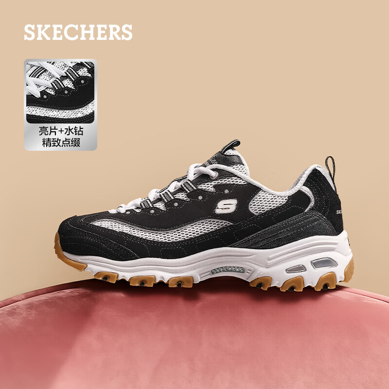 斯凯奇（Skechers）女鞋秋季黑白熊猫熊厚底增高休闲运动鞋经典百搭老爹鞋 黑色/白色/BKW 37