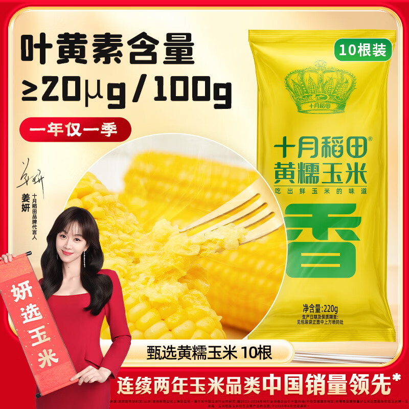 十月稻田 黄甜糯玉米 10根 4.4斤 东北甜黏玉米棒 真空包装 早餐苞米