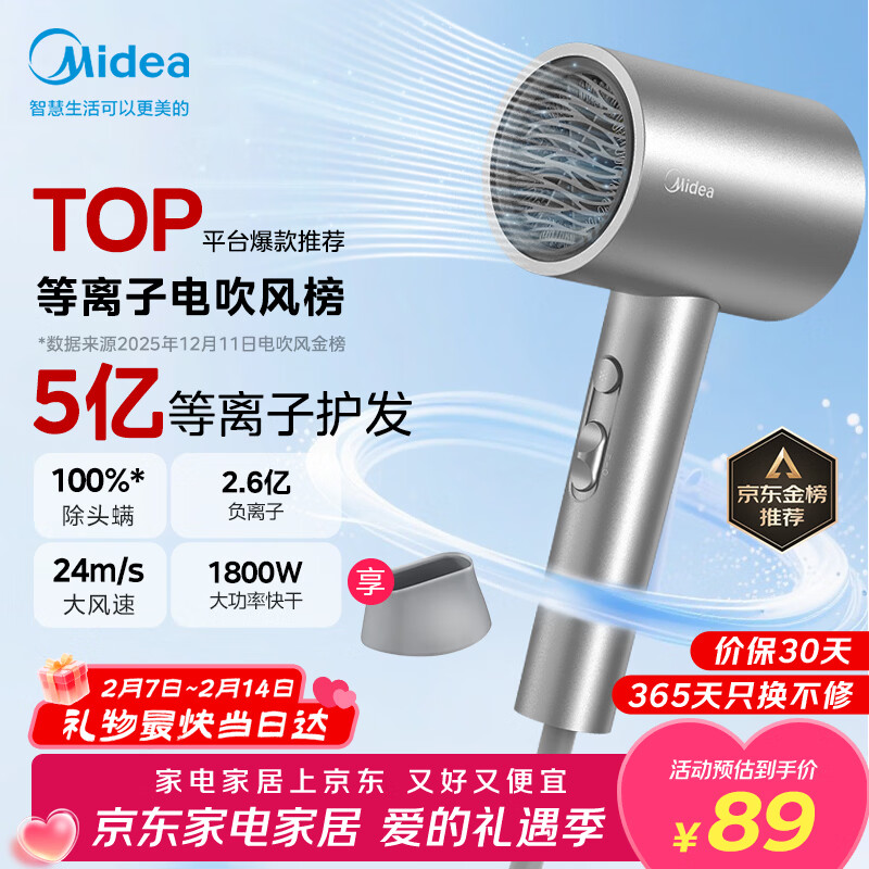 美的（Midea）5亿等离子护发电吹风 家用负离子护发吹风筒 1800W大功率便携吹风机 FJ308银 新年礼物 情人节礼物