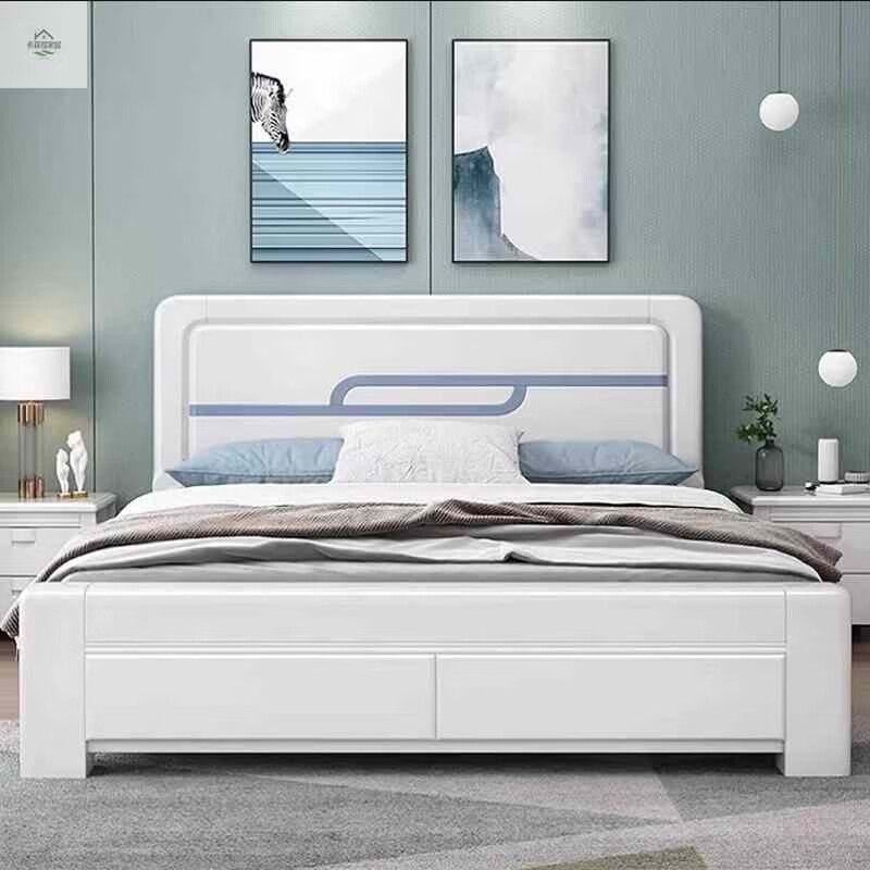 可兴利现代简约全实木床1.8米主卧白色烤漆1.5米双人床橡木高箱储物婚床 床+3E环保椰棕床垫+2床头柜 1.8米*2米框架款