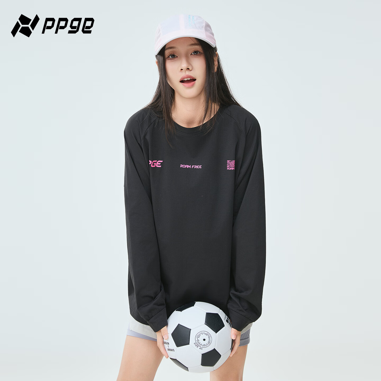 PPGE速干衣春秋防晒抑菌透气长袖上衣打底衫男女同款字母印花速干t恤 曜石黑 S