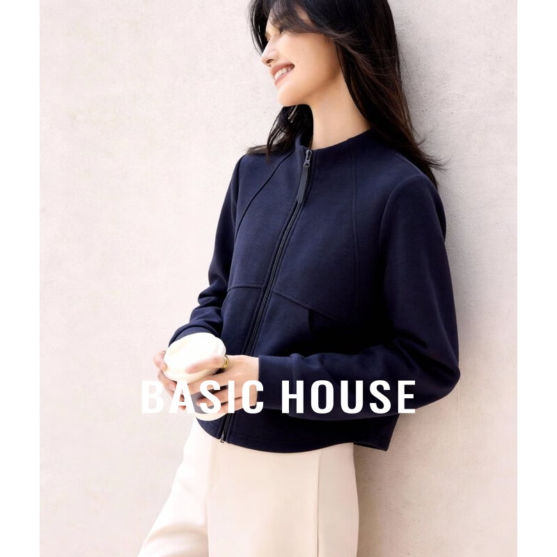 百家好（Basic House）Basic House/百家好早春新款纯色拉链卫衣开衫宽松立领短款外套女 藏青 L