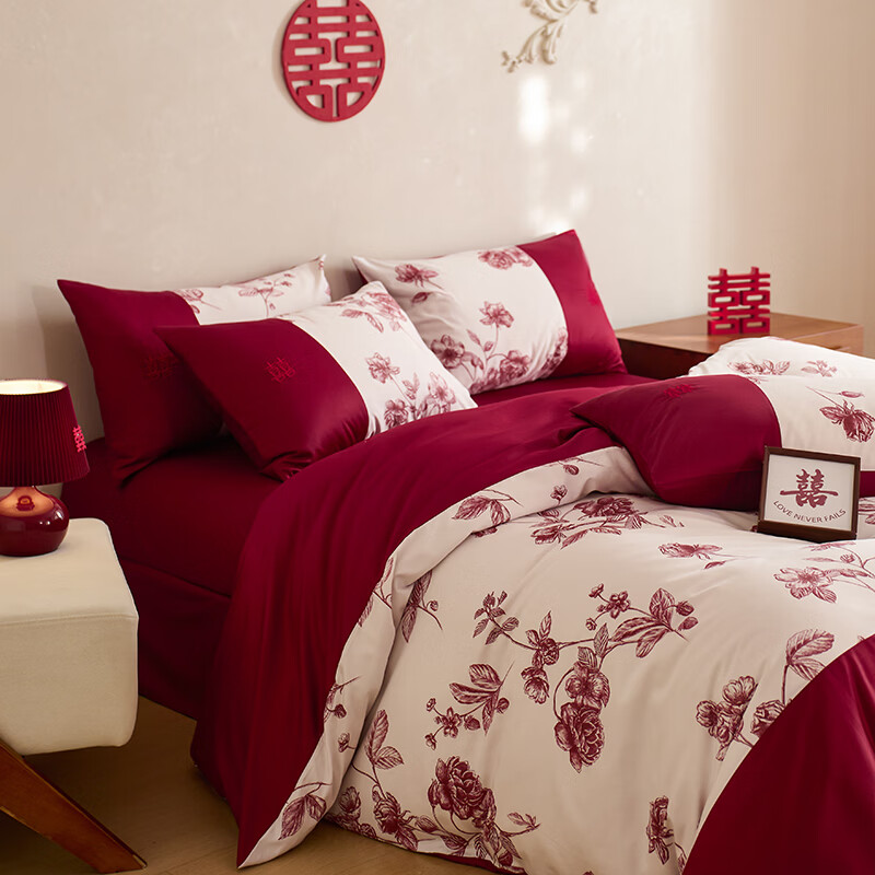ROLAND LIVE长绒棉婚庆印花刺绣六件套全棉红色喜庆婚房铺床被套床单床上用品 QDS长绒棉婚庆六件套-花嫁眠春 床单款1.5/1.8米床丨被套200*230cm