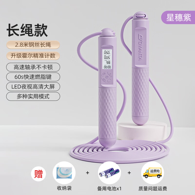 炫酷跳绳成人减肥儿童学生中考试健身燃脂比赛竞速运动专业轴承钢丝神 【长绳5.0】智能计数/钢丝长绳-紫