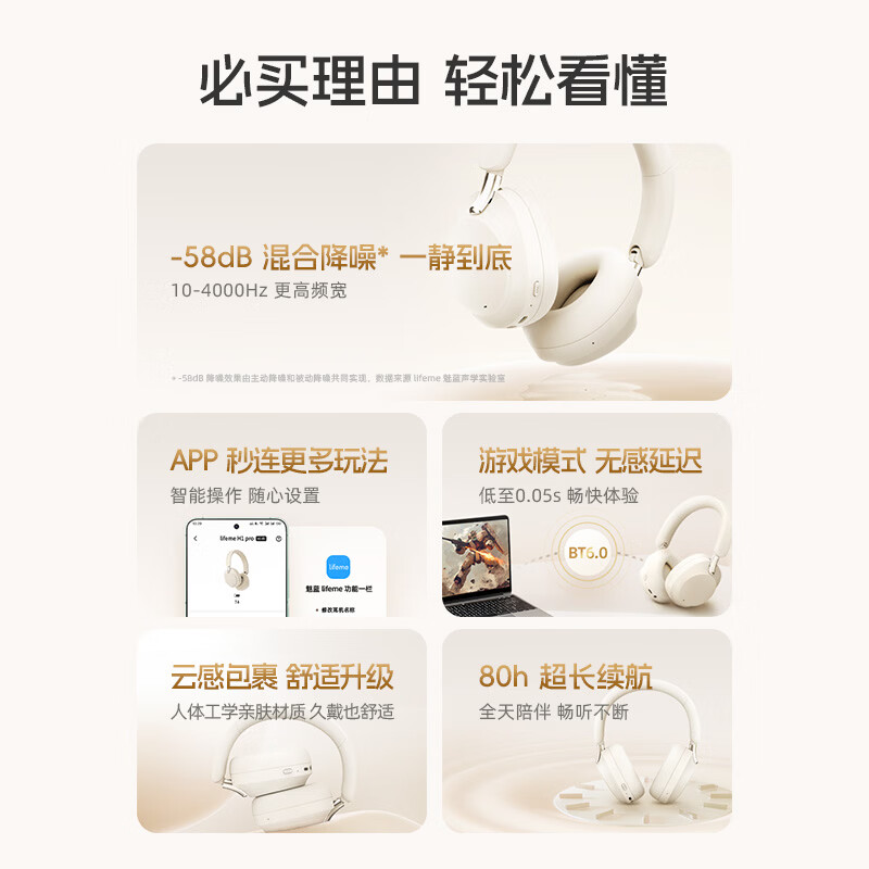 魅蓝lifeme H1 Pro HiFi版头戴式蓝牙耳机 -58dB深度降噪+LHDC高清音质 80h长续航适用于苹果/魅族手机