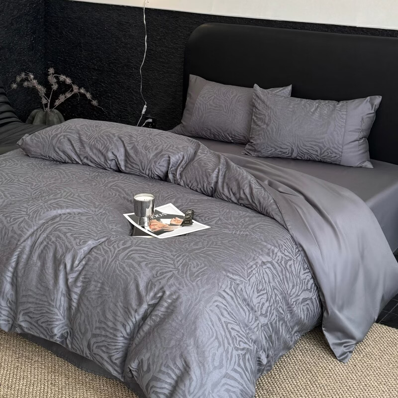 ROLAND LIVE纯棉床上四件套高端长绒棉提花刺绣四件套全棉套件四季床上用品  LB 长绒棉套件-梦马深灰 1.2米床 床单款 【被套150*200cm】