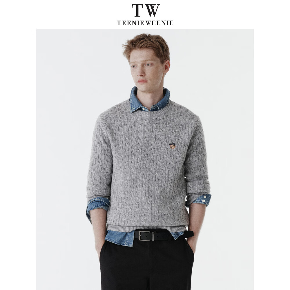 Teenie Weenie【云朵毛衣】小熊男装2025秋冬新品圆领绞花软糯针织衫男女同款 灰色 L (175)