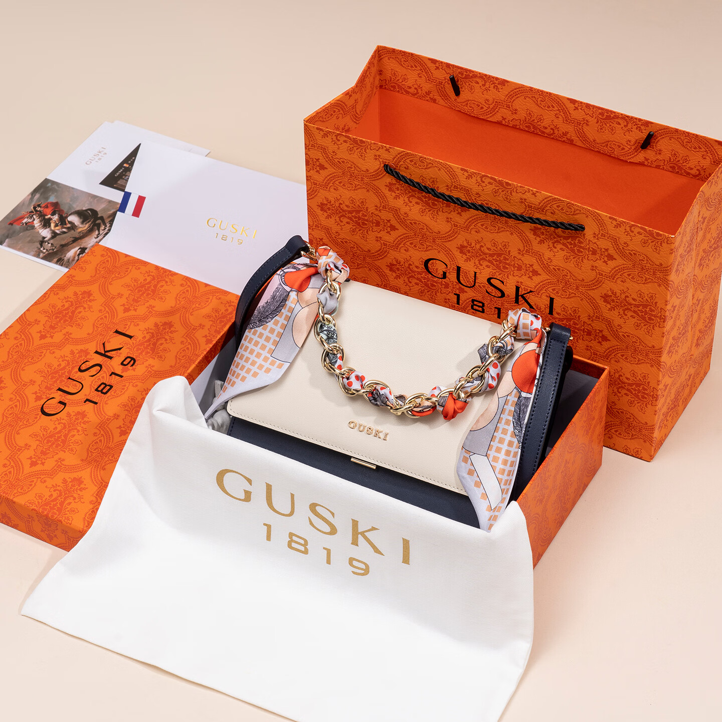 GUSKI法国奢侈品牌链条包撞色单肩手提丝巾牛皮斜挎包包生日情人节礼物 Off-white米白色 送女友送老婆送妈妈