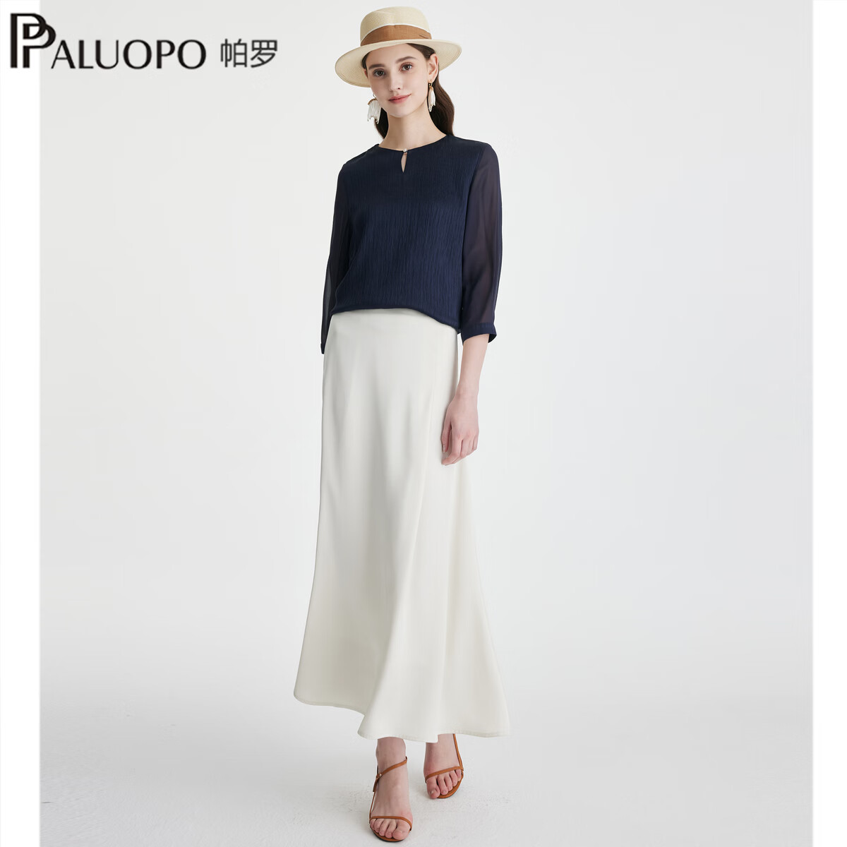 帕罗(PALUOPO)2026春季新款圆领七分袖T恤女20姆米顺纡气质显瘦钉珠上衣女 藏蓝 L 165/88A