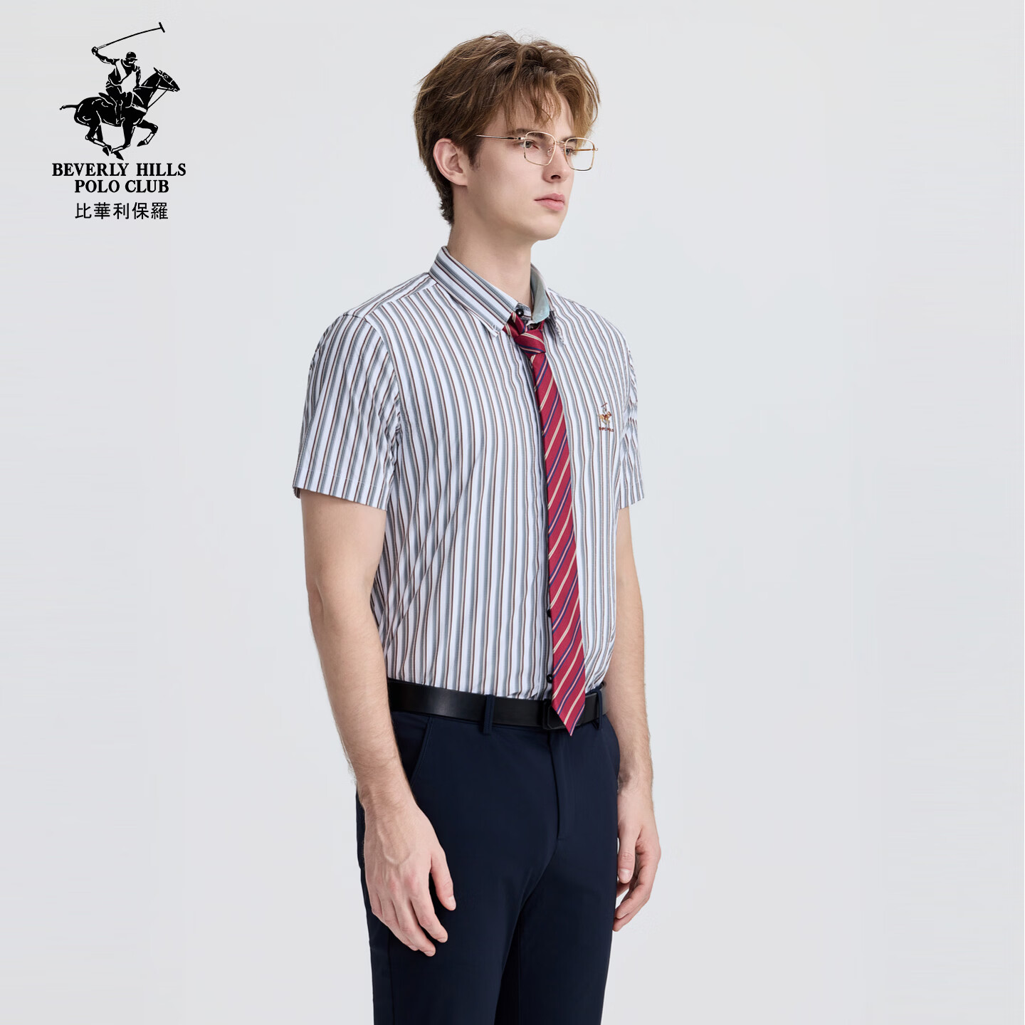 比华利保罗【透气挺括】2026春夏新款男士条纹短袖衬衫时尚百搭休闲上衣 66军绿 L