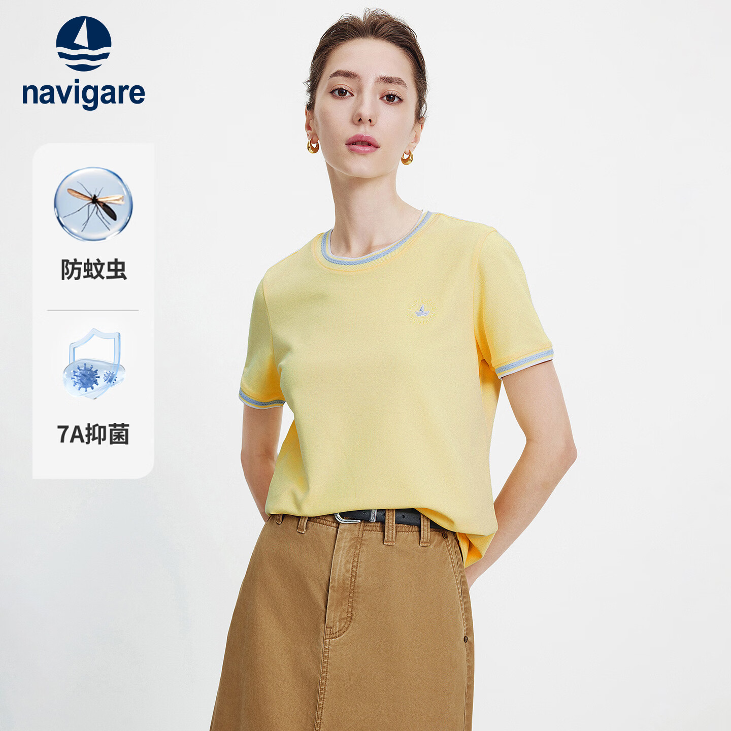 Navigare意大利小帆船抑菌短袖T恤女26新款防蚊虫休闲圆领上衣2325506501