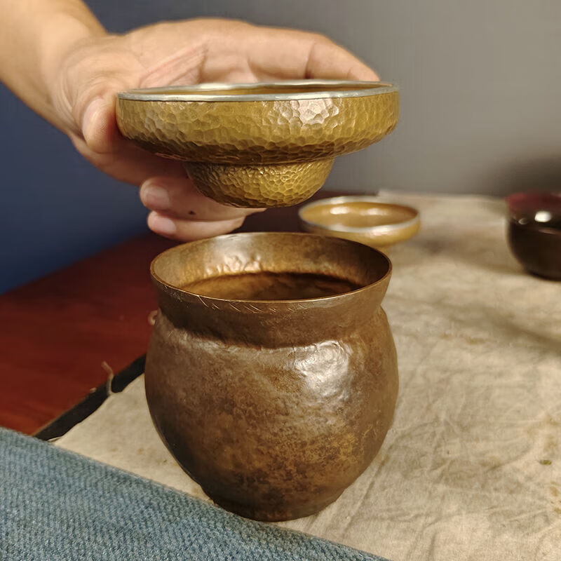 日式复古纯紫铜包锡边投茶器手工锤纹茶滤漏斗茶漏导茶器茶具配件 包锡边投茶器(黄色)