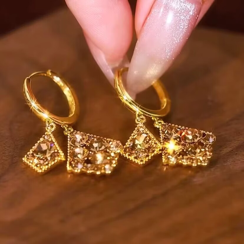 2026新款高级感满钻几何双层菱形耳环潮时尚百搭设计感耳饰XJS 【送礼盒】金色碎钻耳钉