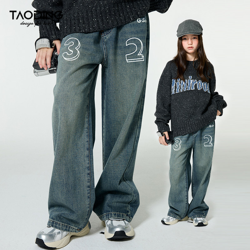 淘町女童牛仔裤秋冬新款中大童运动印花复古质感水洗设计感裤子 灰蓝色 160