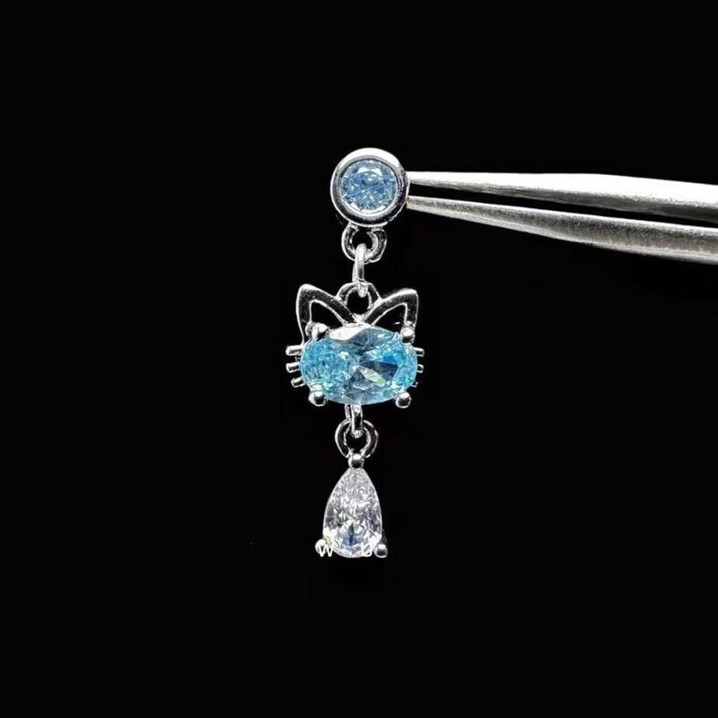 KZD老凤凰Vintage古着灵猫钛钢耳骨钉小众设计独特ins风猫咪吊坠耳饰 灵猫钛钢螺旋钉【一对】蓝色