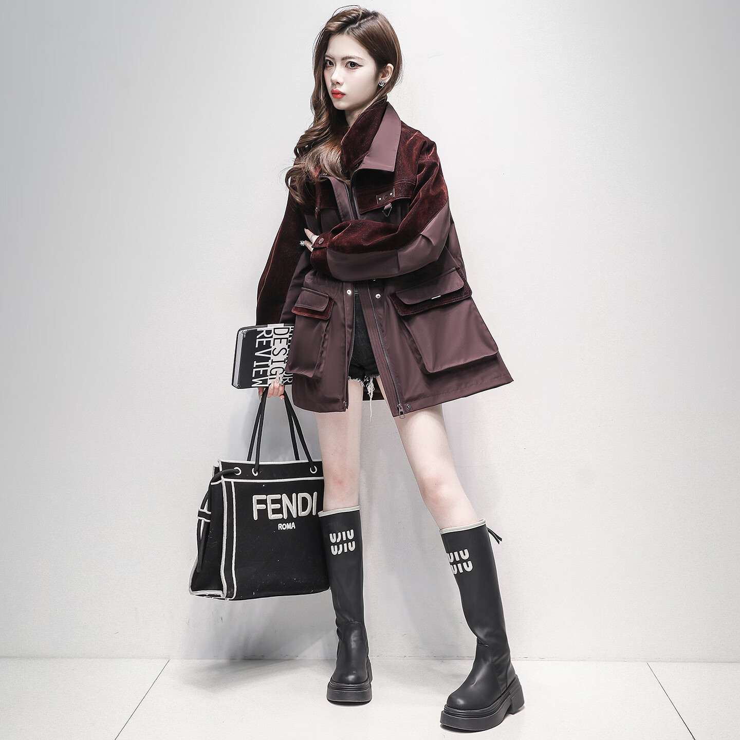 靓丽芭娜（LIANGLIBANA）女士外套2026春季新款小个子时尚休闲牛仔拼接风衣收腰系带外套女 酒红色 XL