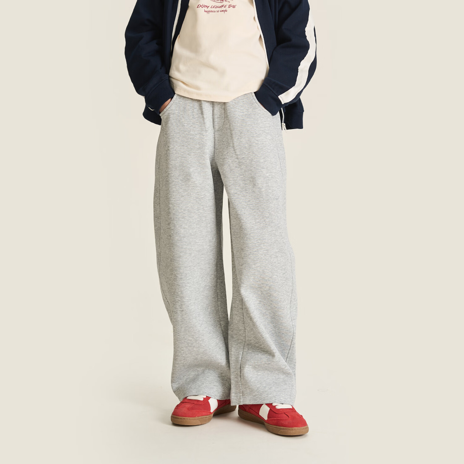 棉叔叔【果冻棉香蕉裤】儿童2026春新品女童休闲裤廓形拼块针织裤男童 麻灰 150 150