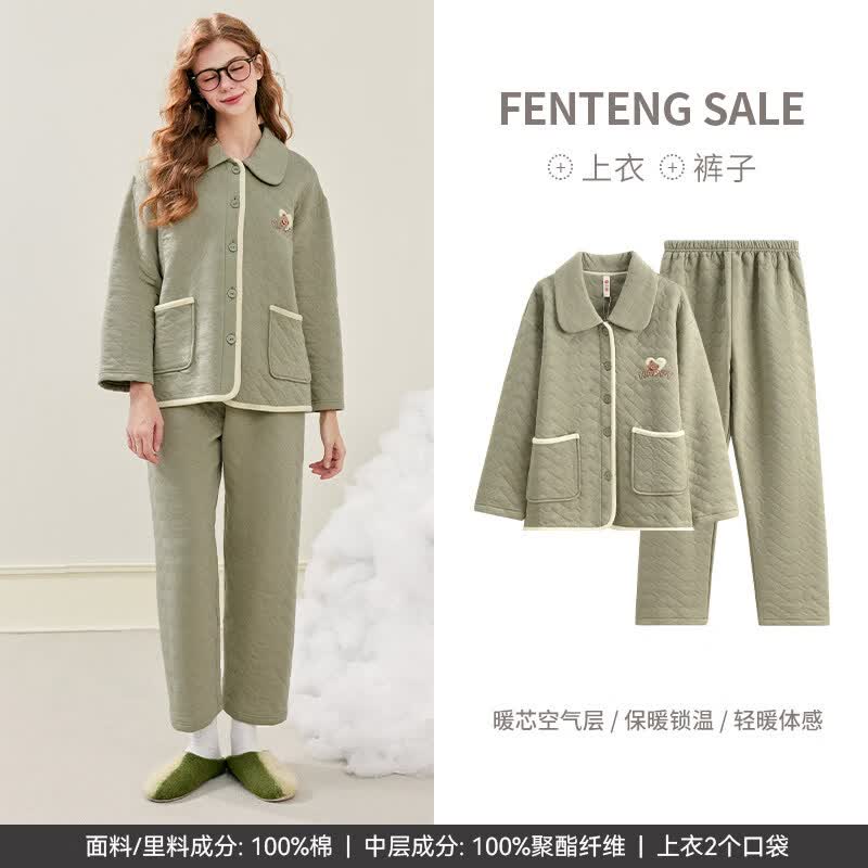 芬腾女士睡衣秋冬季空气棉夹层纯棉长袖套装春秋宽松加大码家居服 FJ25390153草绿 S 155