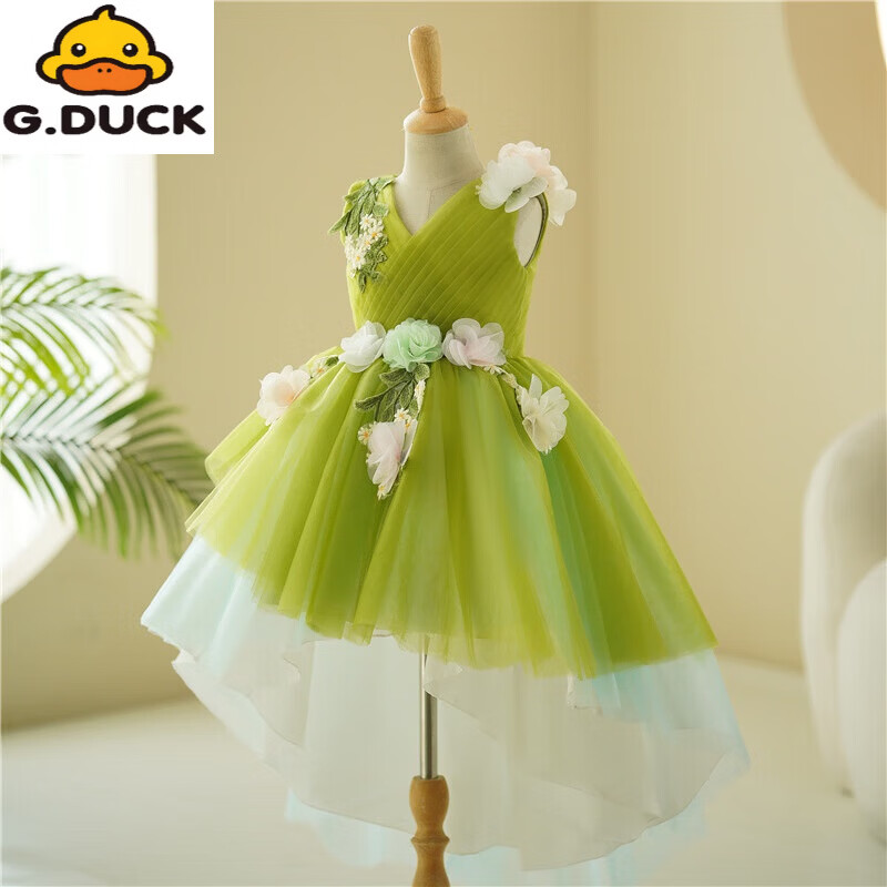 G.duck儿童公主裙走秀森系花仙子女童生日礼服主持人六一小女孩演出服夏 绿色送皇冠 150 cm