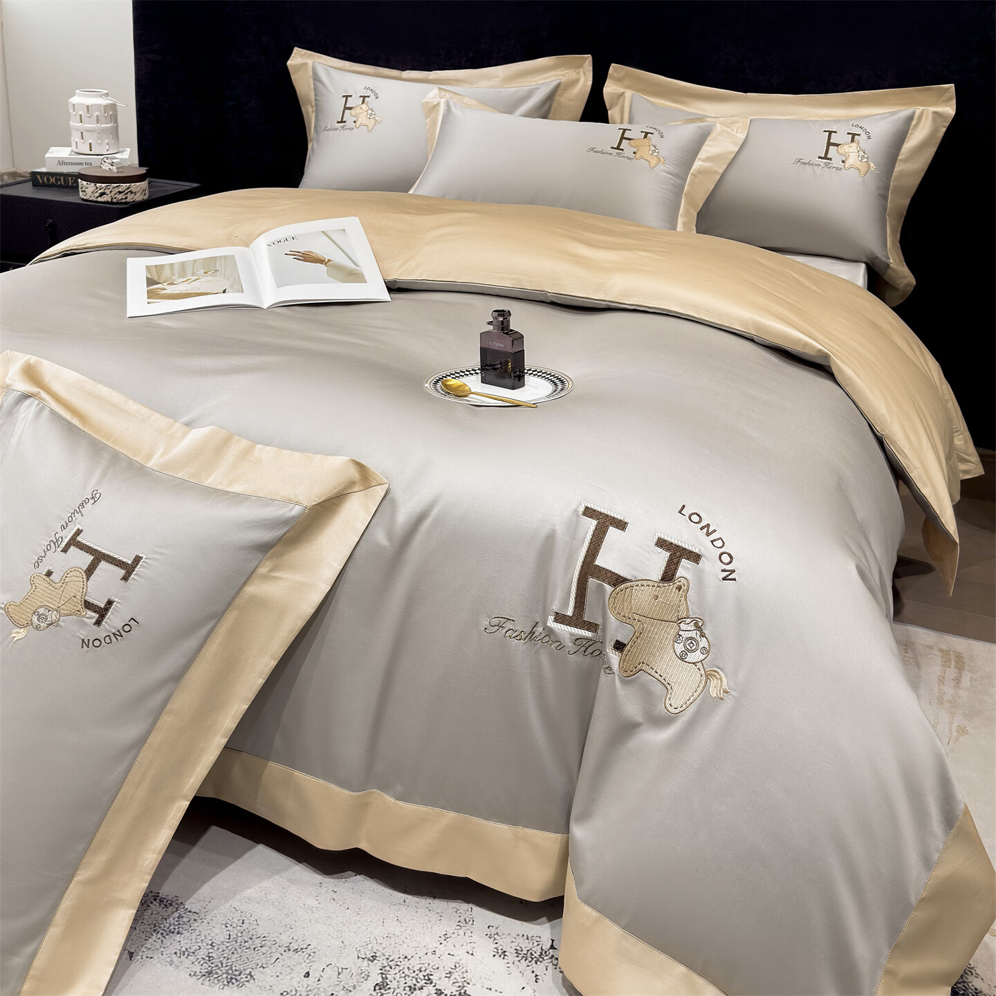 160支长绒棉四件套100%纯棉刺绣26年新款四季通用亲肤床上四件套 萌马-铂金灰 1.5m 床单款 被套200*230cm四件套