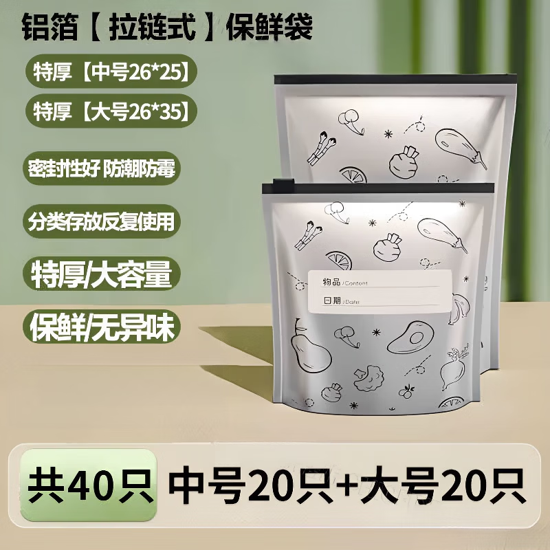 AILUKI日本高端铝箔密封袋食品级滑索保鲜冰箱冷冻专用自封口食物密实加 【中号*20+大号*20】共40只