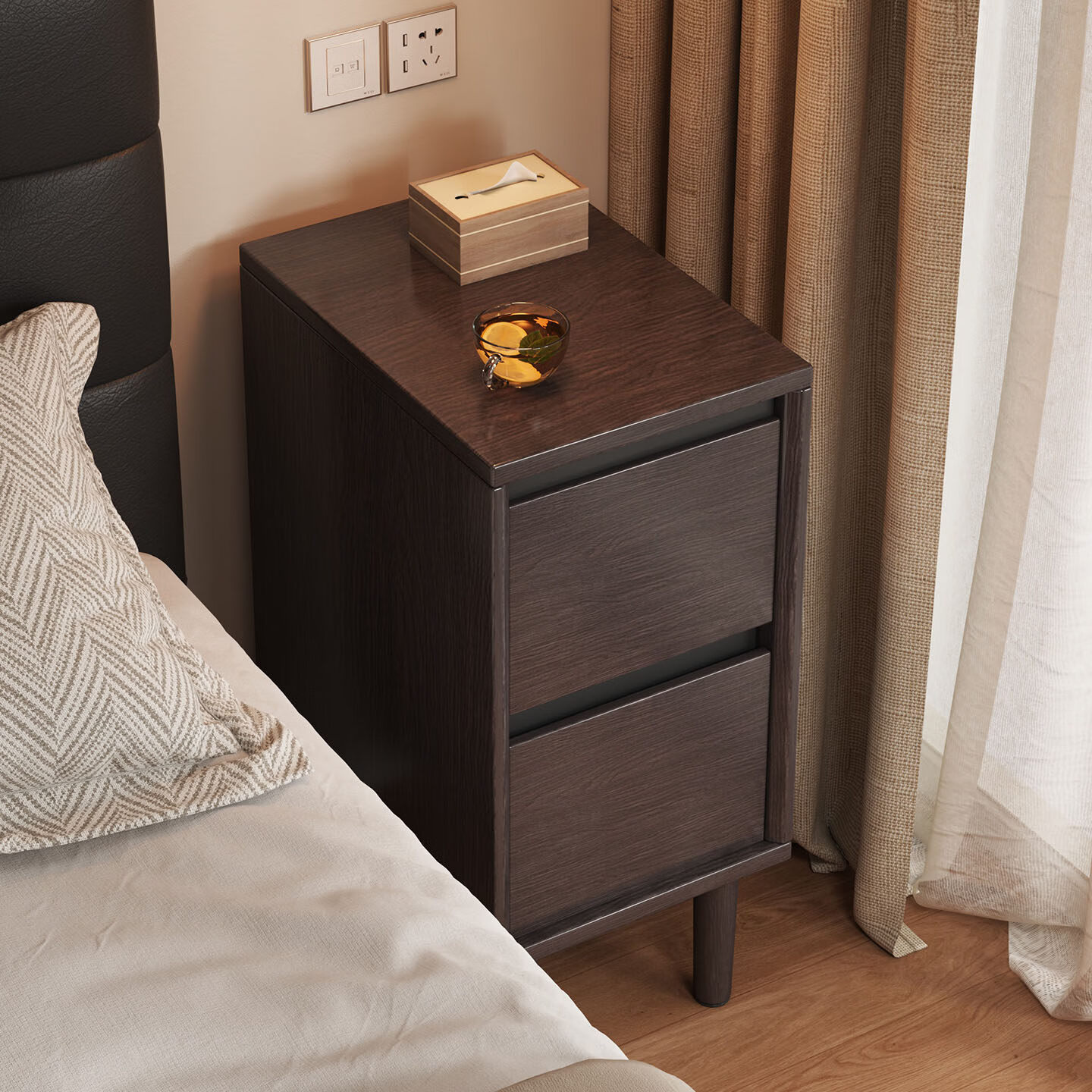 米客米家（MIKEMIJIA）床頭柜小型收納柜家用臥室中古風(fēng)置物架20cm極窄床邊側(cè)邊柜儲(chǔ)物柜 【超窄25cm胡桃木色】