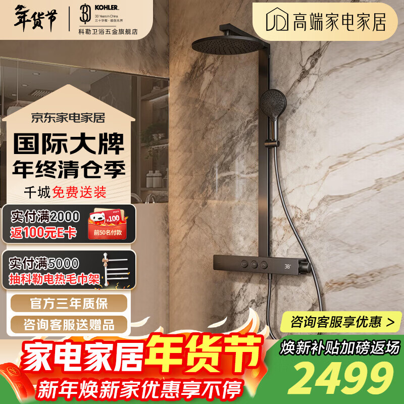 科勒（KOHLER）雨神1.0恒温淋浴花洒套装数显防烫大置物台大顶喷淋浴柱37963T 【暮光灰】雨神数显恒温花洒