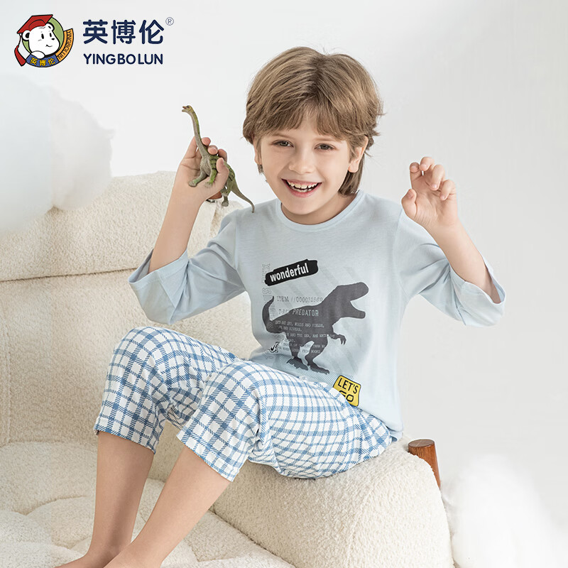英博伦2026新款男女童睡衣纯棉短袖短裤夏季薄款全棉a类男女孩套装 21213浅兰 150