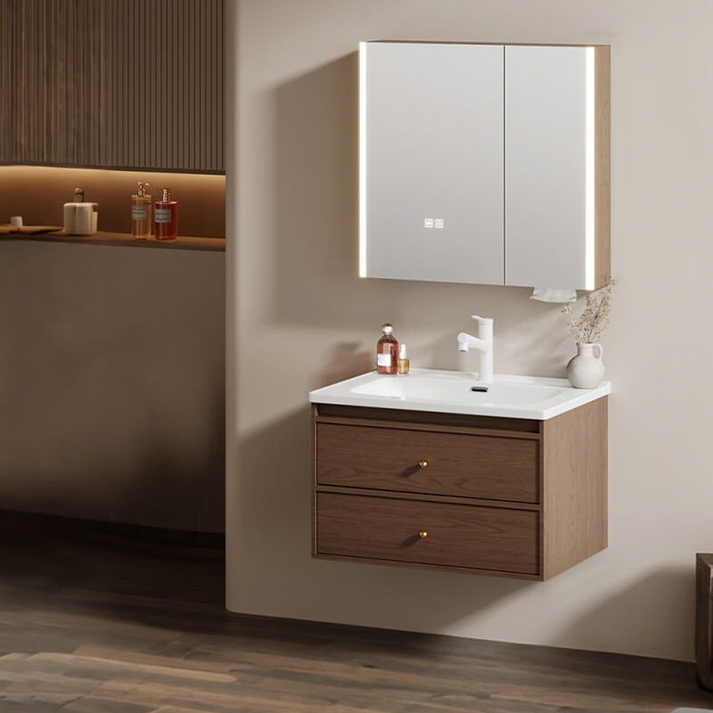 惠达（HUIDA）中古风智能浴室柜陶瓷一体盆双抽灯光除雾卫生间洗脸盆组合J60 70cm