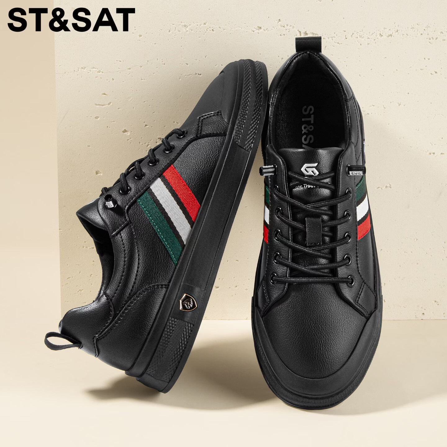 星期六（St&Sat）男鞋春季百搭时尚小白鞋男运动舒适马年鞋防护复古通勤休闲板鞋男 黑色 41 (255mm) 标准运动鞋尺码