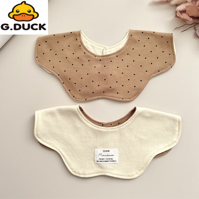 G.duck韩版同款儿童围嘴婴儿口水巾棉双面口水兜宝宝围兜花瓣波浪花朵 灰熊猫+杏色 双面纯棉一条