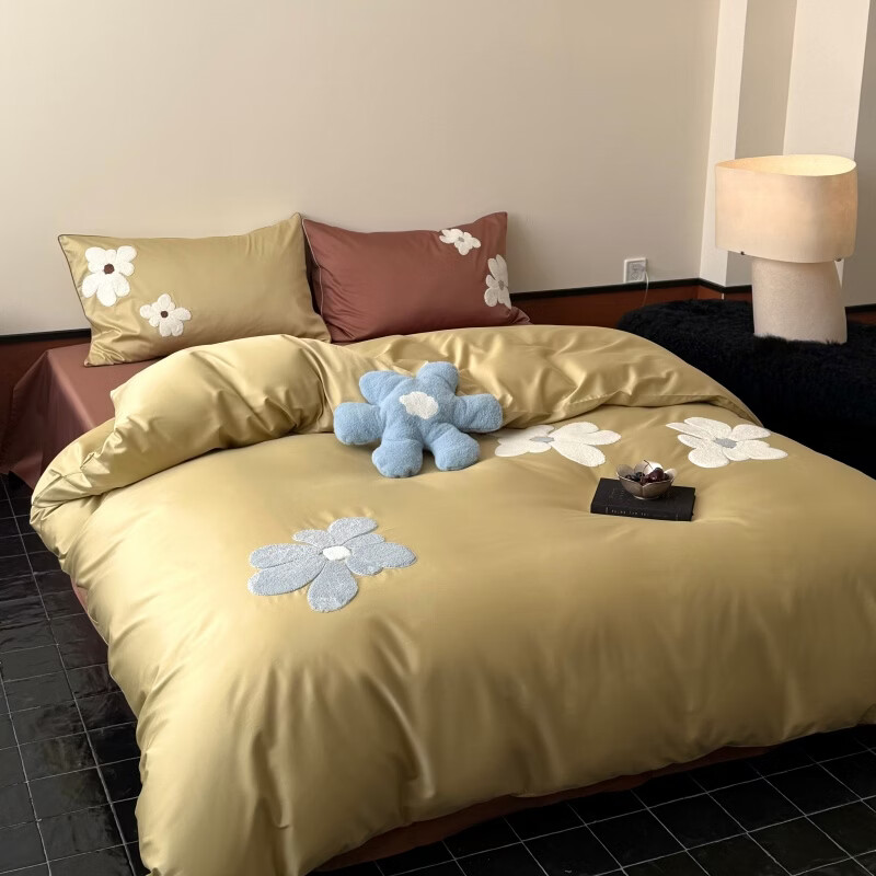 ROLAND LIVE长绒棉四件套简约风毛巾绣被套床单亲肤裸睡纯棉床上用品三件套 LB 长绒棉套件-克莱茵梦境黄棕 1.2米床 床单款 【被套150*200cm】