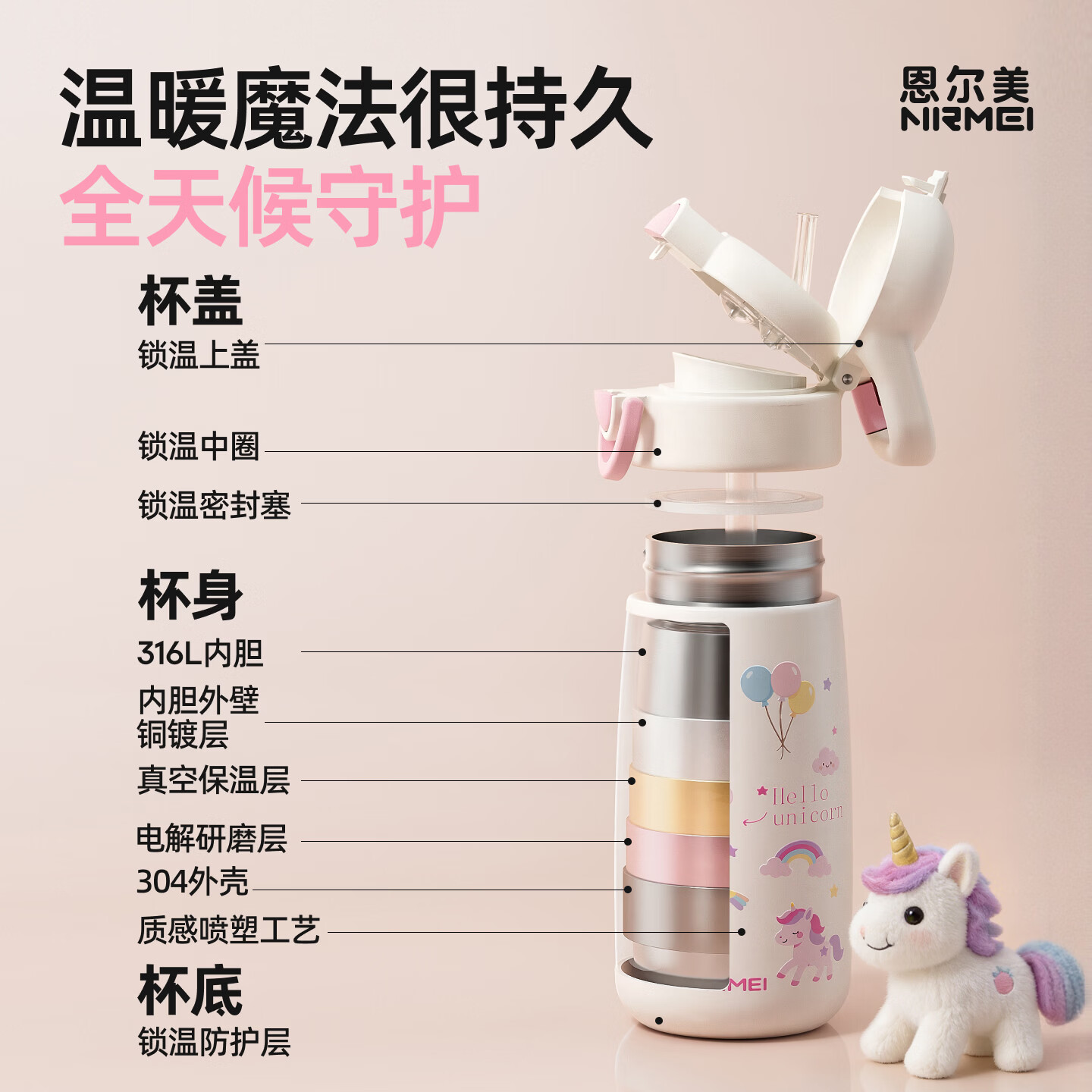 恩尔美（nRMEi）儿童保温杯6-12岁男女幼儿园小学生上学专用316L不锈钢吸管水杯子 【杯套款】粉色500ml【双饮盖/316L内胆】