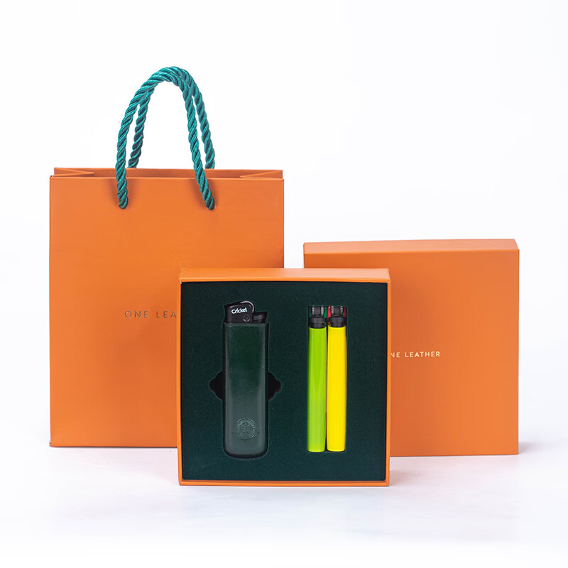 一皮（ONE LEATHER）草蜢打火机皮套真皮手工无缝工艺 草蜢打火机套礼盒个性高档礼品 绿色礼盒（含打火机）