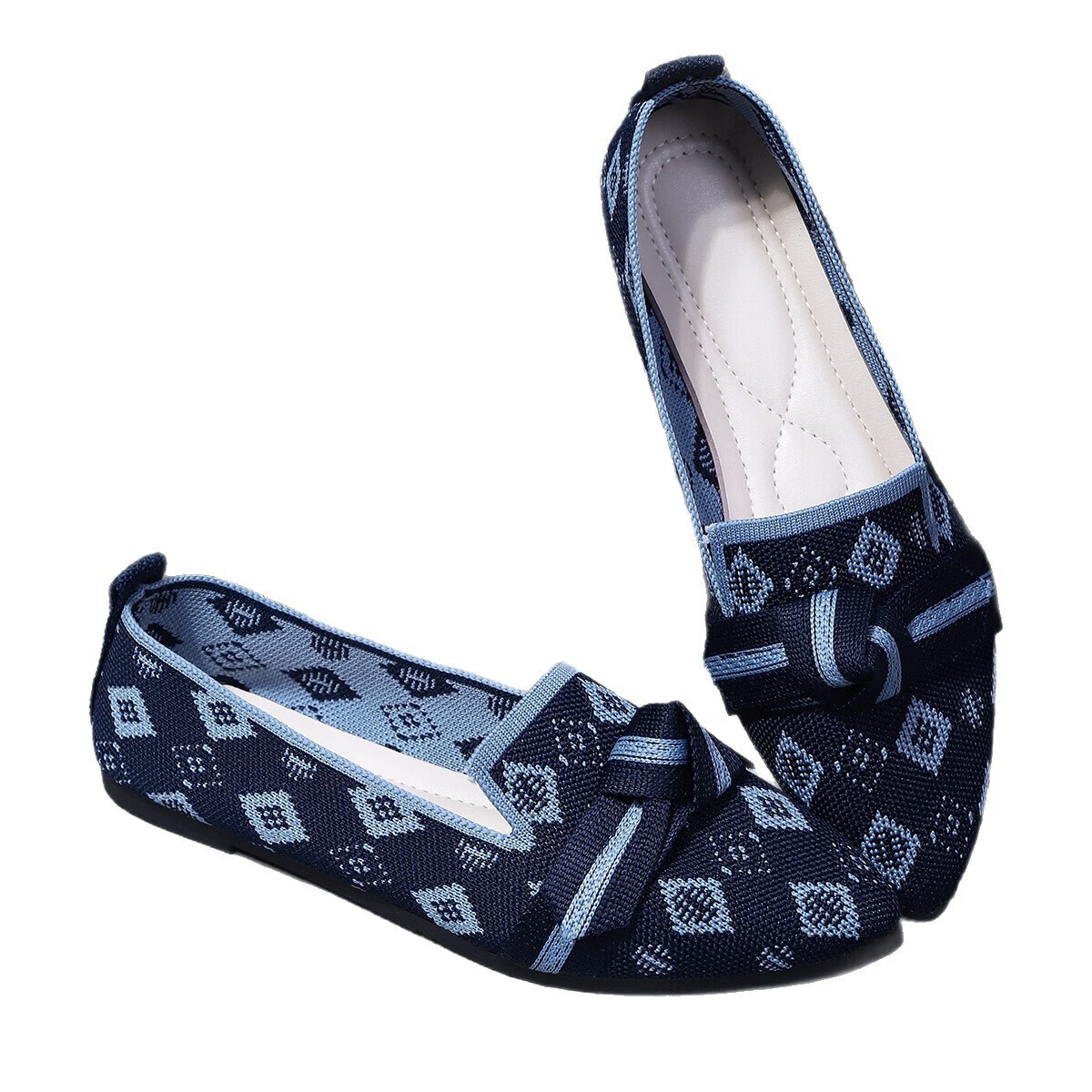 显瘦尖头大码平底单鞋女2025时尚飞织一脚蹬蝴蝶结休闲透气拼色单 黄叶花 36