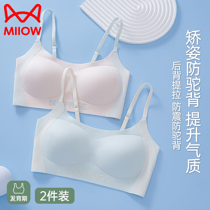 猫人少女内衣学生初中高中儿童发育期二阶段运动防震无痕背心少女文胸 湖蓝+粉色【细肩带】 155 (L) (建议85-105斤）