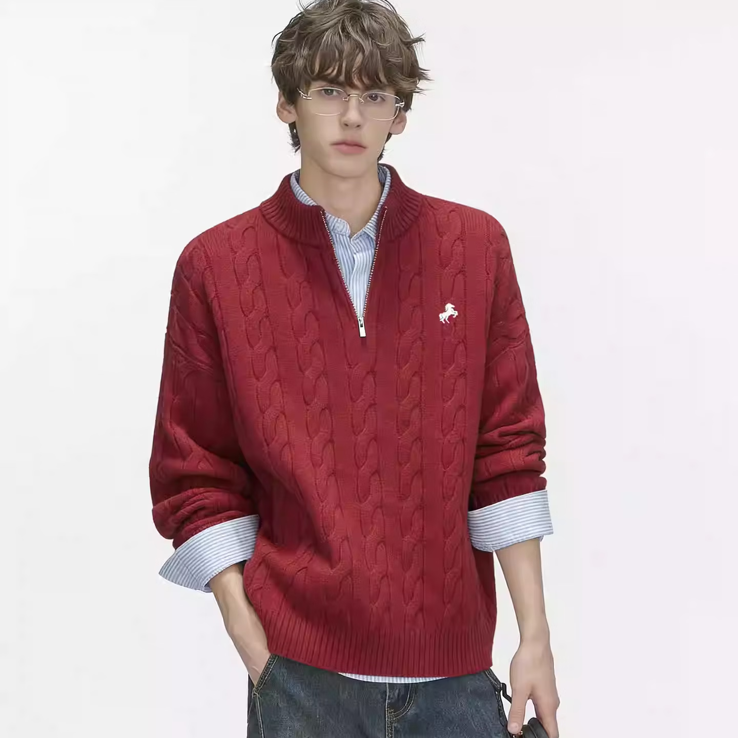DREAM MADE【老钱风】明星同款麻花毛衣男款春秋针织衫男生上衣新年红XL