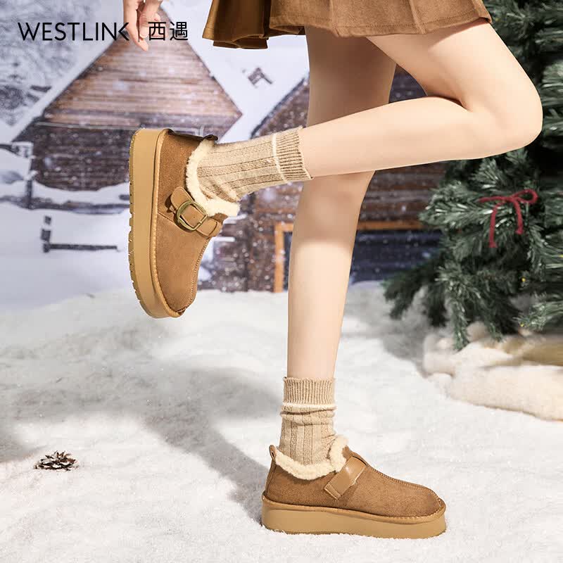 西遇（Westlink）厚底增高加绒勃肯鞋女冬季一脚蹬全包毛毛棉鞋加厚雪地靴 栗色 37 (235)