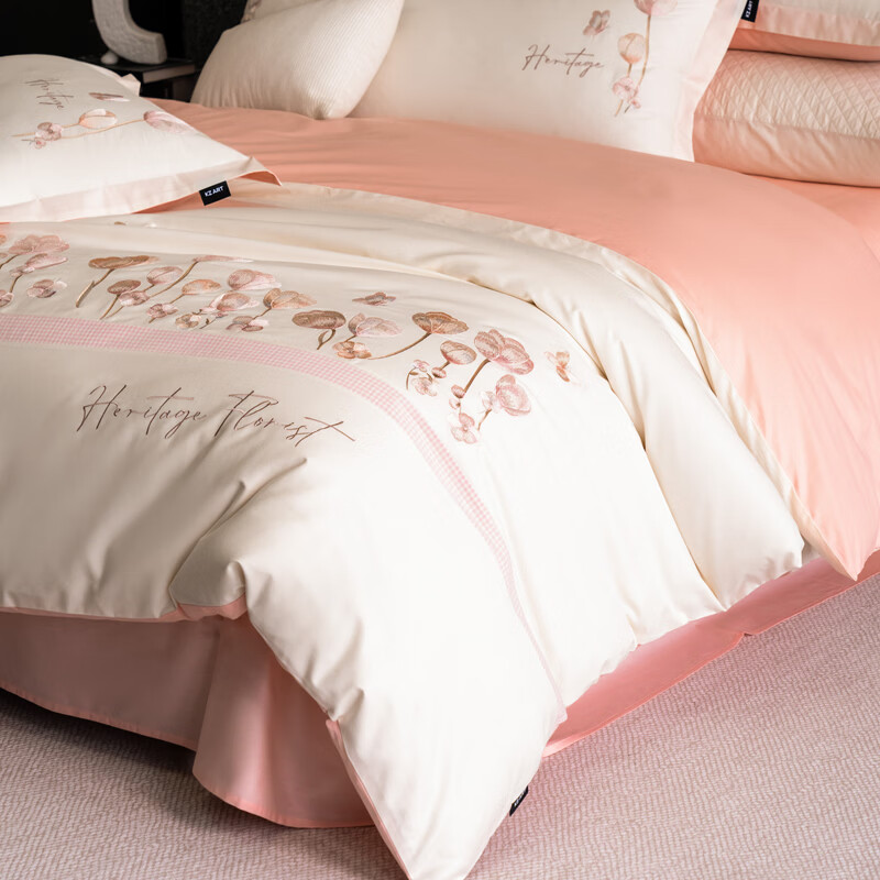 ROLAND LIVE高级感全棉四件套小清新绣花家用1.8m床被套床单纯棉床上用品床笠 KZ 全棉四件套-莉奥奶白 1.5米床 床单款 【被套200*230cm】