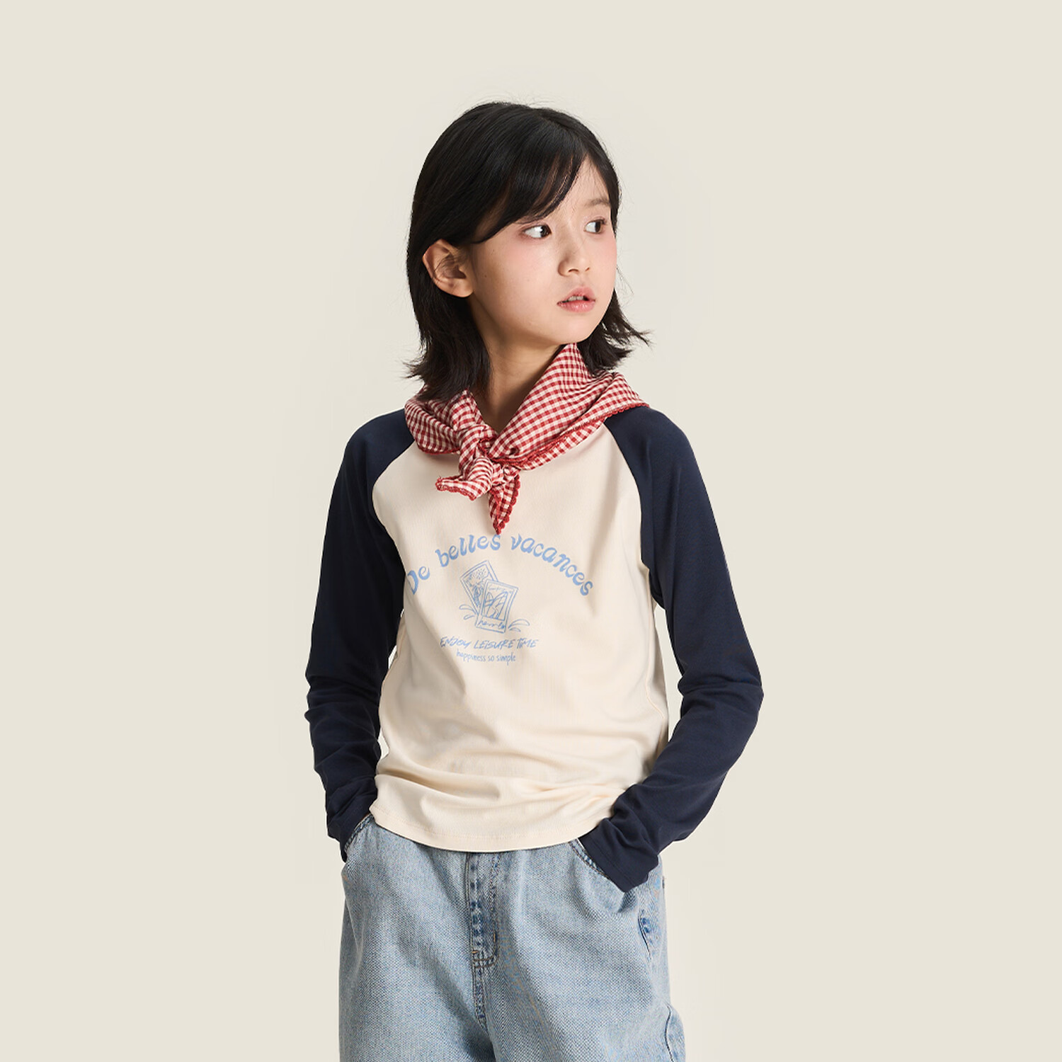 棉叔叔【2.3春季新学院风长T】女童舒适棉族撞色印花长袖T恤男童2026 米白花灰 120 120