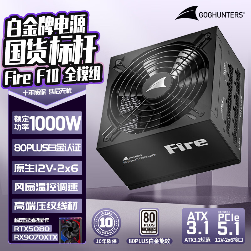 长城（Great Wall）额定1000W F10白金牌全模组电源（ATX3.1/原生PCIe5.1/自动启停/全电压/闪电加速）