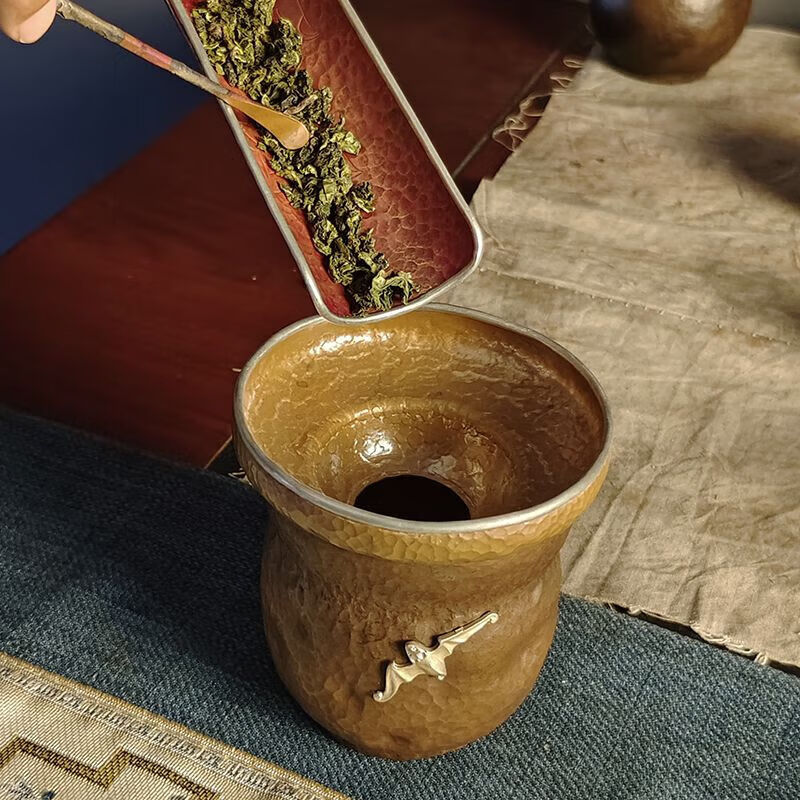 日式复古纯紫铜包锡边投茶器手工锤纹茶滤漏斗茶漏导茶器茶具配件 包锡边投茶器(黄色)
