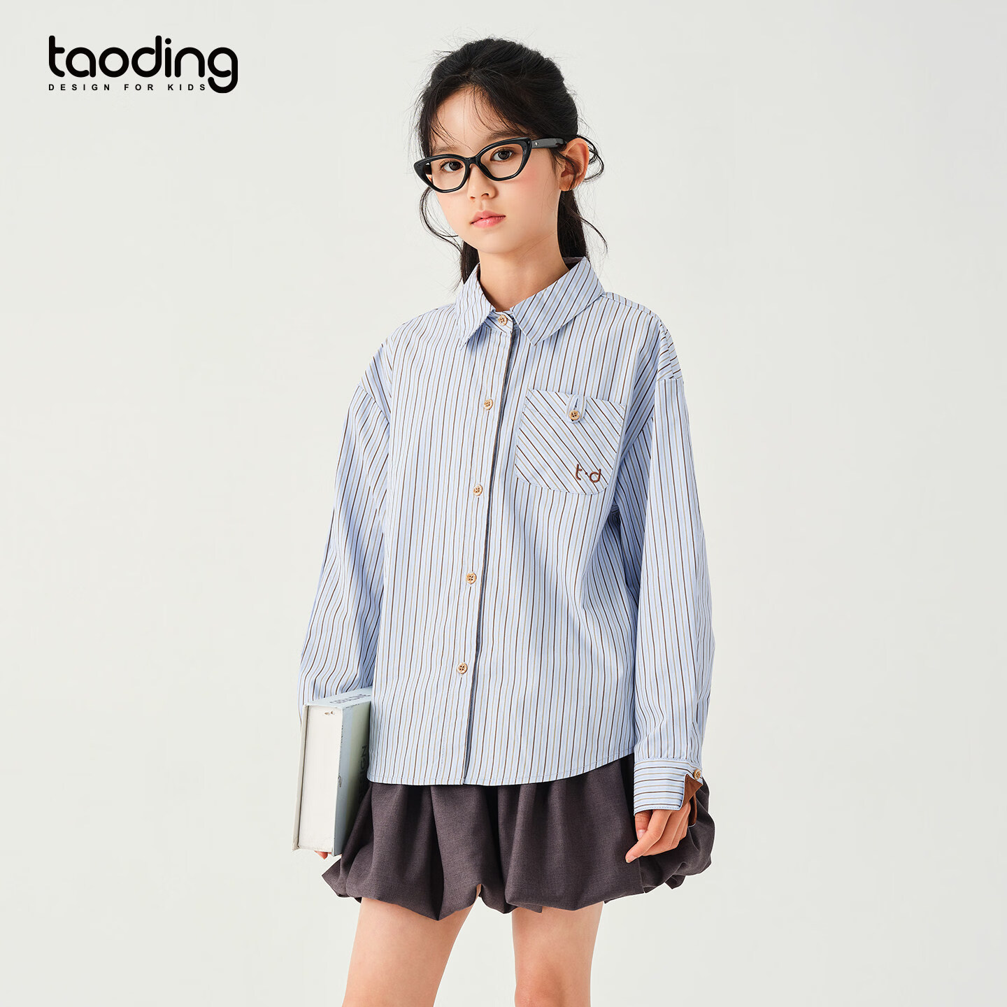 淘町女童条纹衬衫春季新款大童女孩休闲百搭学院风长袖上衣女纯棉 蓝色 140 55-75斤